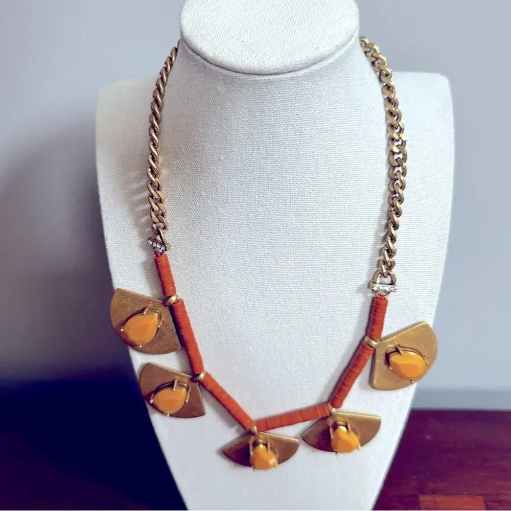 J Crew Necklace Brass Fan Brown Yellow Retro Vintage Statement Casual Western